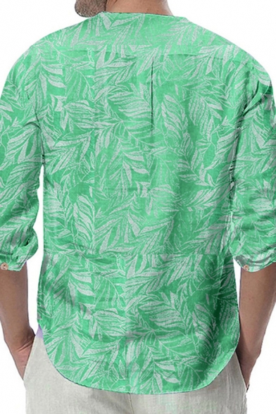 Men's Leisure Leaf Pattern Roll Tab Sleeve Curved Hem Oversized Shirt