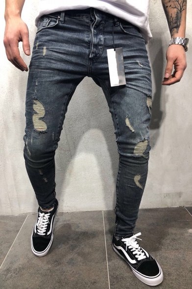 Men's Popular Solid Color Gray Zipper Front Skinny Fit Ripped Shredded Jeans