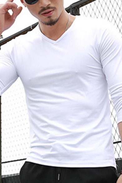 Men's Simple Long Sleeve V-Neck Long Sleeve Slim Fit Solid Color T-Shirt Top