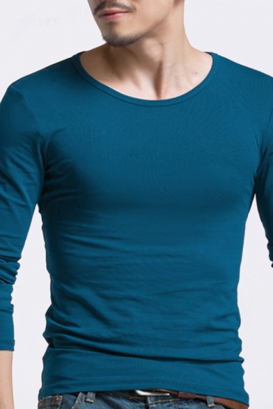 Men's Street Fashion Long Sleeve Crew Neck Slim Fit Solid Color T-Shirt