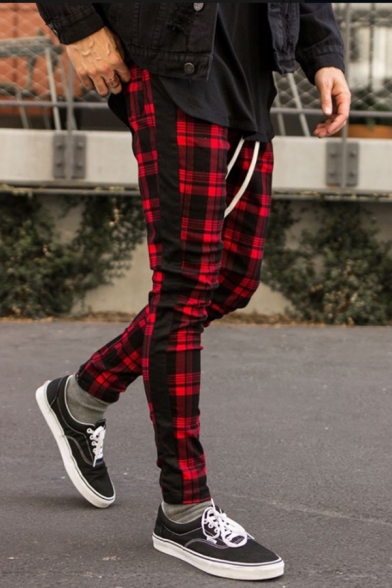 red plaid skinny pants men