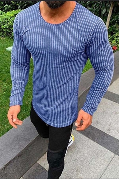 Mens Casual Pinstripe Printed Round Neck Slim Fit Long Sleeved T-Shirt
