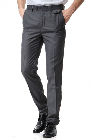 Mens Formal Adjustable Waist Zip Fly Solid Color Straight Fit Business Suit Pants