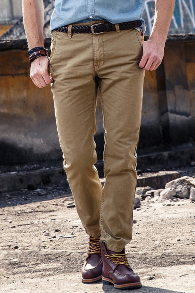 Mens Simple Plain Zipper Fly Straight Fit Casual Pants Outdoor Hiking Climbing Trousers