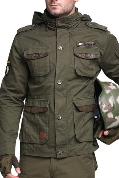 Military Style Plain Multi Pocket Long Sleeve Hidden Placket Army Green Hooded Jacket