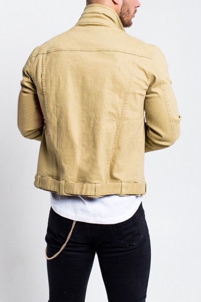 New Popular Solid Color Long Sleeve Chest Pocket Belted Hem Denim Jacket