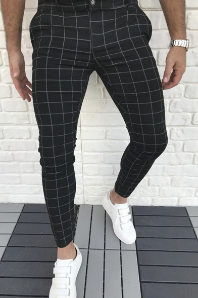 New Stylish Grid Pattern Zipper Fly Skinny Fit Pencil Pants for Men