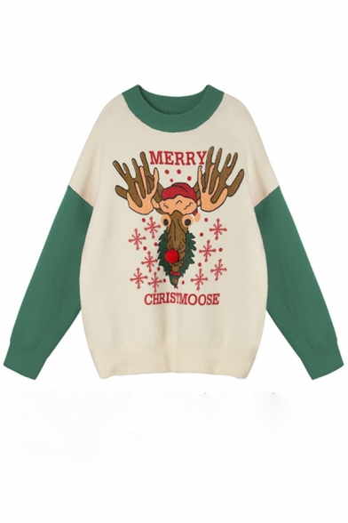 New Stylish MERRY CHRISTMOOSE Elk Pattern Color Block Long Sleeve Baggy Christmas Sweater