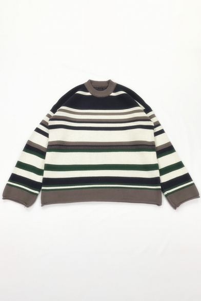 New Trendy Colorful Stripe Printed Long Sleeve Crewneck Oversized Pullover Sweater