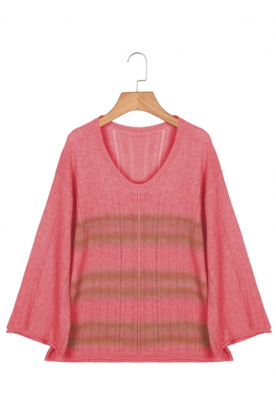 Plain Trendy Bell Sleeve V-Neck Stripe Printed Hollow Knit Loose Sweater Top for Women
