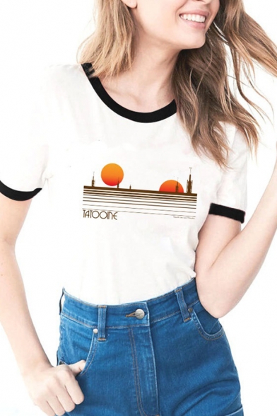 Popular Letter TATOOINE Print Contrast Trim Short Sleeves Fitted Graphic T-Shirt for Women