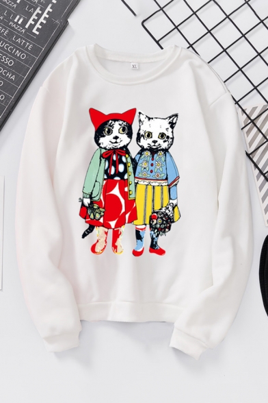 Preppy Girls' Long Sleeve Crew Neck Kitty Pattern Relaxed Pullover Sweatshirt