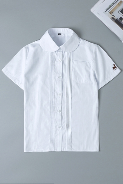 Preppy Girls' Short Sleeve Peter Pan Collar Button Down Deer Embroidered Pocket Pleated Relaxed Shirt in White