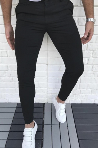 Simple Fashion Plain Zipper Placket Mid-Rised Leisure Trousers Skinny Pencil Pants