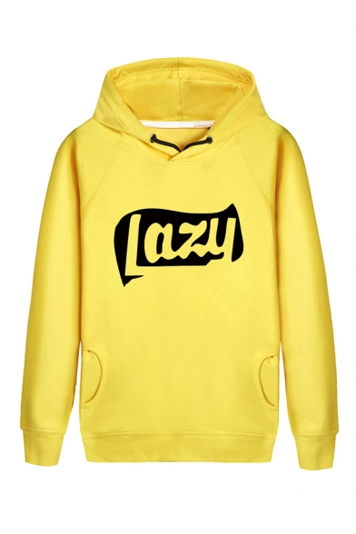 Simple Letter LAZY Printed Long Sleeve Loose Fit Side Pockets Drawstring Hoodie