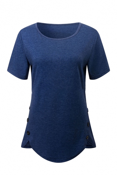 Simple Women's Short Sleeve Crew Neck Button Side Curved Hem Plain Loose Fit Tee