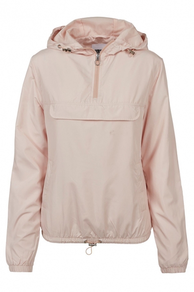 Sport Plain Long Sleeve Hooded Half Zipper Drawstring Baggy Trench Coat for Girls