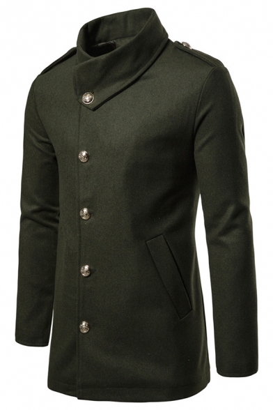Street Fashion Plain Fold-Over Collar Long Sleeve Metal Button Wool Coat with Epaulets