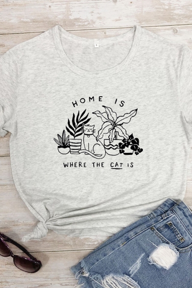 Street Letter HOME IS WHERE CAT IS Print Short Sleeve Crew Neck Graphic T-Shirt