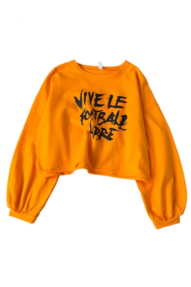 Trendy Long Sleeve Crew Neck Letter VIVELE FOOTBALL LIBRE Relaxed Crop Pullover Sweatshirt for Girls