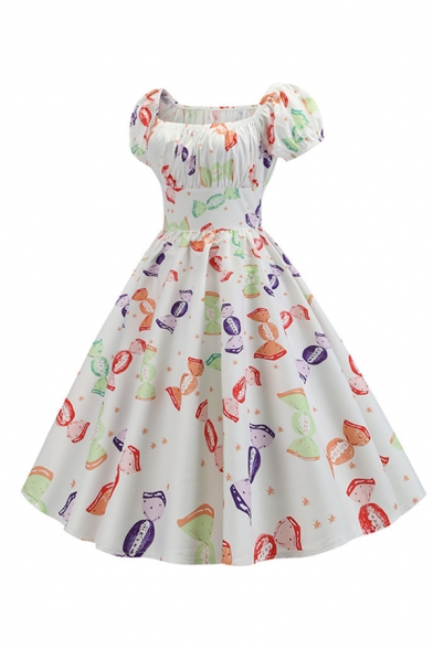 Vintage Girls' Puff Sleeve Square Neck All Over Candy Print Long Pleated Swing Dress