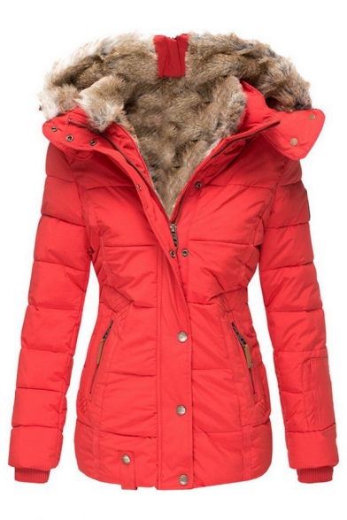 Women's Basic Winter Long Sleeve Hooded Button Zip Front Pockets Side Fluff liner Slim Fit Plain Puffer Coat