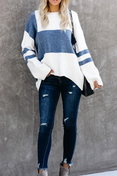 Women's Blue Street Batwing Sleeve Boat Neck Contrasted Loose Fit Knit Pullover Sweater Top