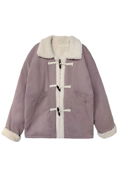 Women's Vintage Thick Long Sleeve Lapel Collar Frog Button Down Pockets Side Sherpa Liner Relaxed Coat in Purple