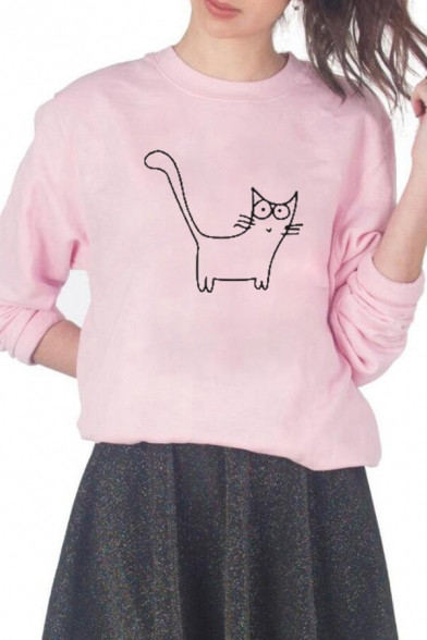 Womens Fancy Cat Printed Long Sleeve Round Neck Pullover Sweatshirt