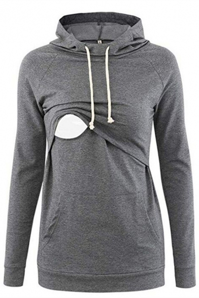 Womens Fashion Plain Long Sleeves Loose Fit Maternity Nursing Hoodie with Pocket