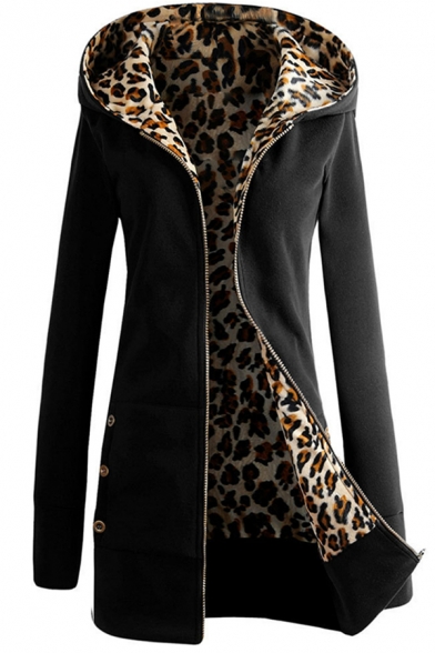 Womens Glamorous Leopard Lined Thick Long Sleeve Zip Up Slim Longline Hoodie