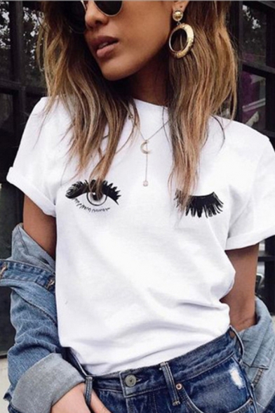 Womens Unique Cartoon Eyes Printed Short Sleeves Relaxed Fit Casual T-Shirt