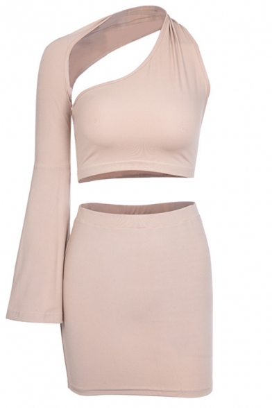 Apricot Pretty Solid Color Cutout Bell Sleeve Cropped Top with Mini Skirt Two Piece Set