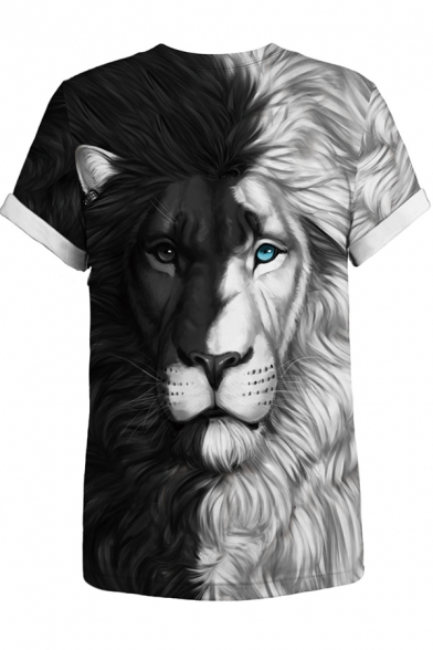 Black and White Creative Lion Yin Yang Wolves Cat 3D Print Short Sleeve Round Neck Casual Tee