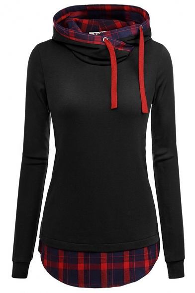 Black Trendy Long Sleeve Cowl Neck Drawstring Plaid Printed Slim Fit Midi Hoodie for Girls