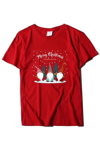 Casual Basic Short Sleeve Crew Neck MERRY CHRISTMAS Letter Santa Claus Printed Boxy Tee for Women