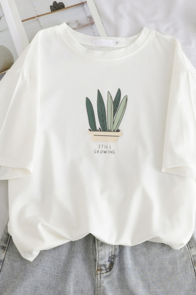 Casual Short Sleeve Crew Neck Letter STILL GROWING Plant Pattern ...