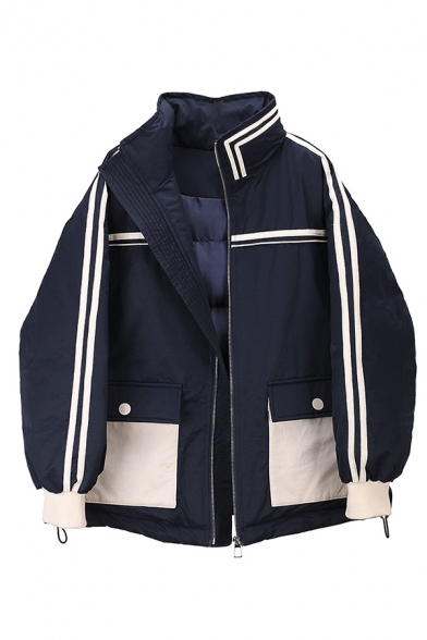 Cool Girls' Balloon Sleeve Stand Collar Contrast Piped Flap Pockets Patched Zip Front Boxy Down Coat in Navy