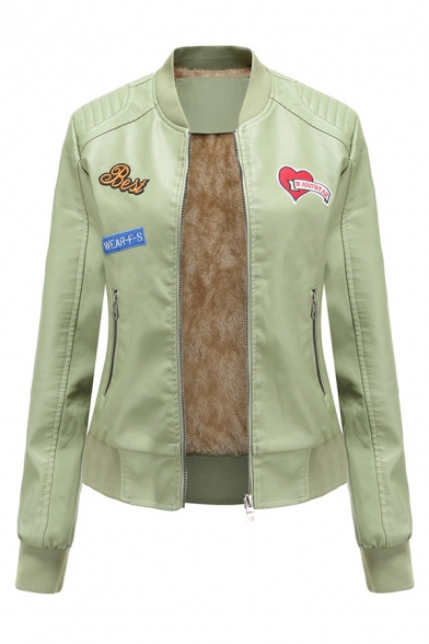 Cool Girls' Long Sleeve Zipper Front Letter BEST JEANSWEAR WEAR-F-S Heart Printed Sherpa Lined Slim Fit Leather Jacket