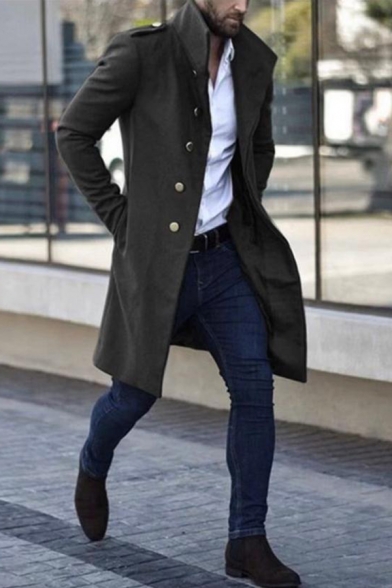 Cool Men's Plain Stand Collar Epaulets Long Sleeve Metal Buckle Decoration Longline Wool Coat