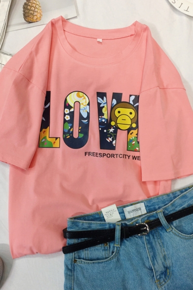 Cool Street Short Sleeve Crew Neck Letter LOVE Monkey Print Loose Fit Tee for Girls