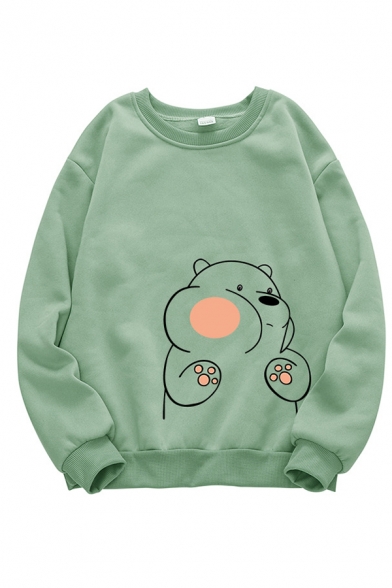 Cute Casual Long Sleeve Crew Neck Bear Pattern Loose Pullover Sweatshirt for Preppy Girls