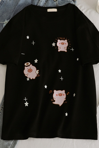 Cute Fashion Short Sleeve Crew Neck Pig Pattern Loose Fit T-Shirt for Girls