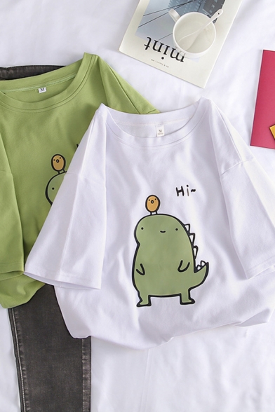Cute Girls' Short Sleeve Crew Neck Letter HI Dinosaur and Egg Pattern Loose Fit Tee