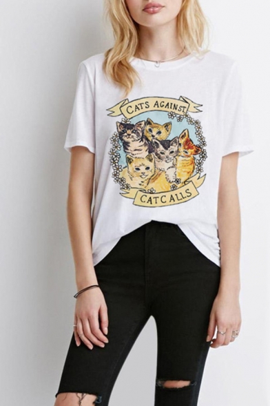 Cute Letter CATS AGAINST CATCALLS Printed Short Sleeve Loose Summer T-Shirt