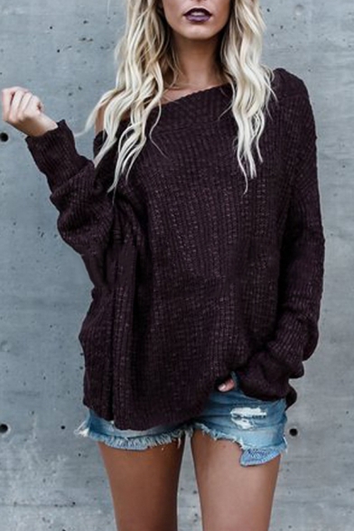 Dressy Stylish Ladies' Batwing Sleeve Off The Shoulder Chunky Knitted Asymmetric Plain Oversize Pullover Sweater