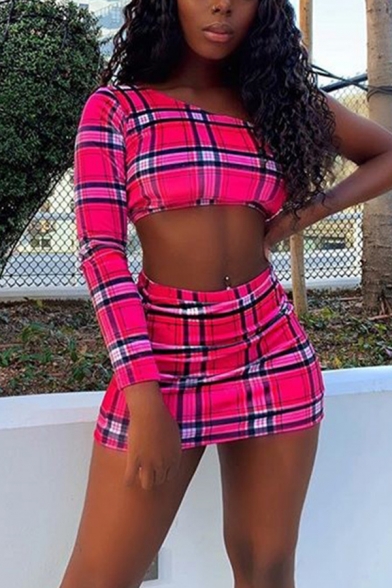 Edgy Womens Casual Plaid Print One Shoulder Long Sleeve Crop Top with Mini Bodycon Skirt