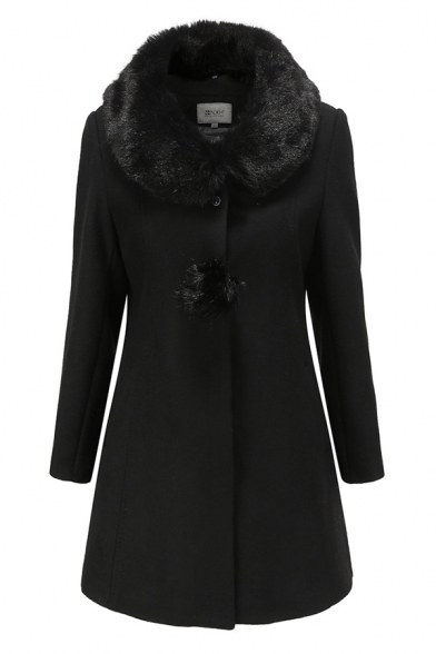 Elegant Ladies Long Sleeve Fuzzy Collar Button Down Pompom Decoration Fitted Plain Wool Coat