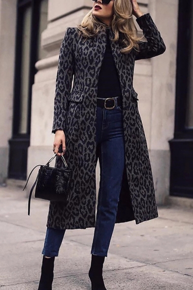 Elegant Ladies' Long Sleeve Turn Down Collar Flap Pockets Leopard Printed Maxi Fitted Coat in Black