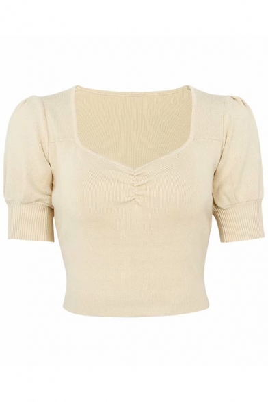 Elegant Ladies' Plain Short Sleeve V-Neck Ruched Knit Fitted Crop T-Shirt